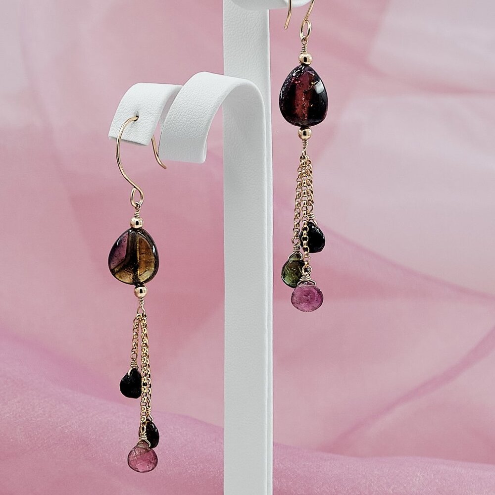 Pink & Green Tourmaline Dangle Earrings, 14k Gold Filled